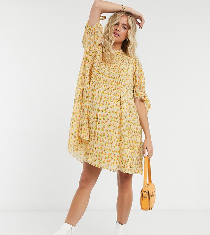 Asos Design Maternity Pleated Trapeze Mini Dress With Tie Sleeves In Floral Print-multi