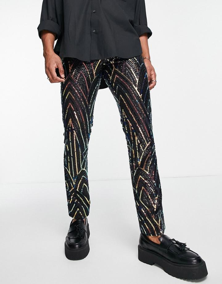 Twisted Tailor Suit Pants In Black With Rainbow Geometric Sequin Design-multi