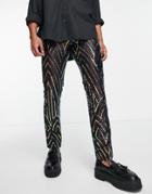 Twisted Tailor Suit Pants In Black With Rainbow Geometric Sequin Design-multi