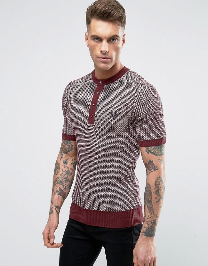 Fred Perry Reissues Sweater Short Sleeve Two Color Texture Knit Grandad In Maroon/navy - Red