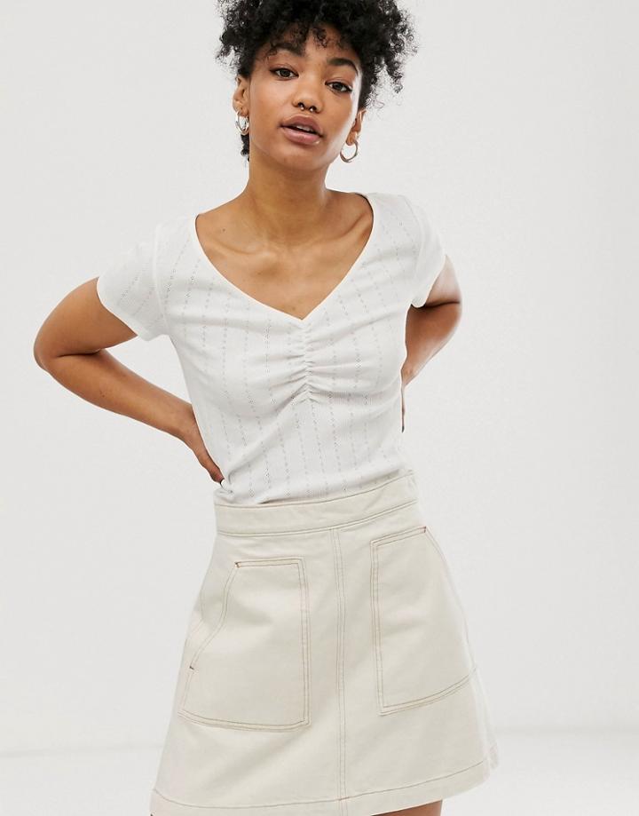 Monki Short Sleeve Cropped V-neck T-shirt In White