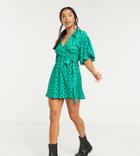 Asos Design Petite Mini Dress With Collar Detail And Puff Sleeve In Green Polka Dot Print