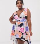True Violet Plus Exclusive Plunge Front Prom Midi Dress With Hi Low Hem In Multi Floral - Multi