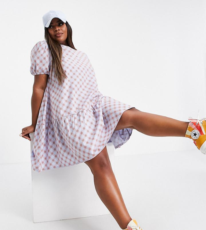 Heartbreak Plus Check Mini Dress With Puff Sleeves-blues