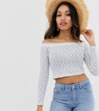 Asos Design Petite Bardot Top In With Rib Ditsy Print - White