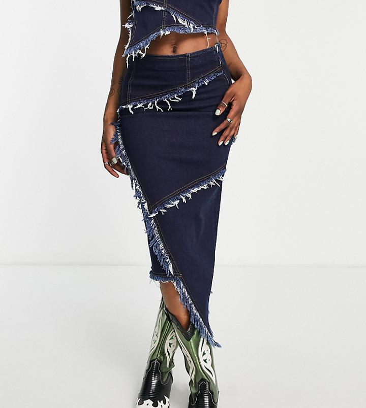 Collusion Exposed Seam Maxi Asymmetric Denim Midi Skirt In Blue - Part Of A Set
