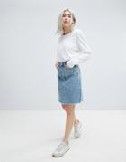 Weekday Decon Knee Length Denim Skirt With Raw Hem - Blue