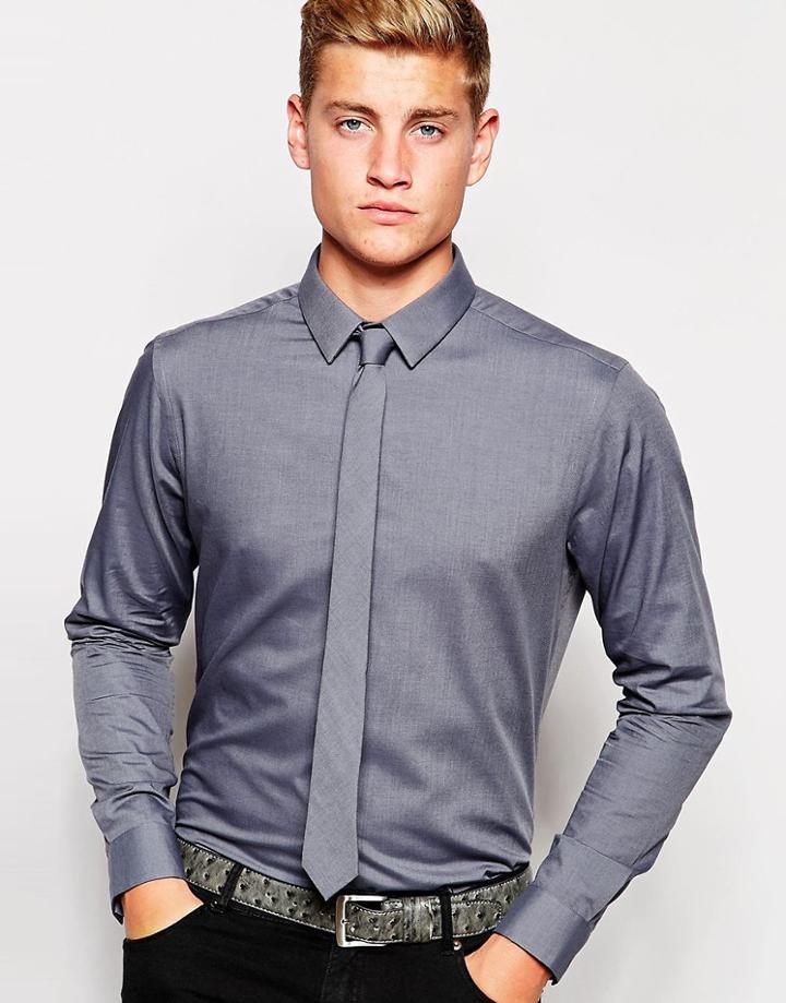 New Look Long Sleeve Gray Shirt & Tie Set In Regular Fit - Gray