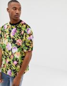 Asos Design Oversized T-shirt In Velour With All Over Rose And Chain Print-black