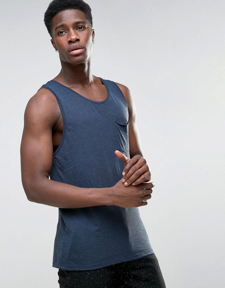 Bershka Tank With Pocket Detail In Navy - Navy