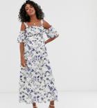 Asos Design Maternity Shirred Maxi Dress In China Blue Print-multi