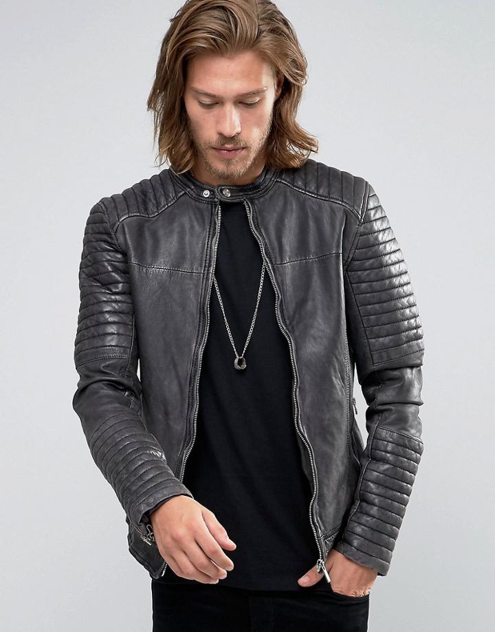 Goosecraft Leather Biker Jacket Quilt Arms In Black - Black