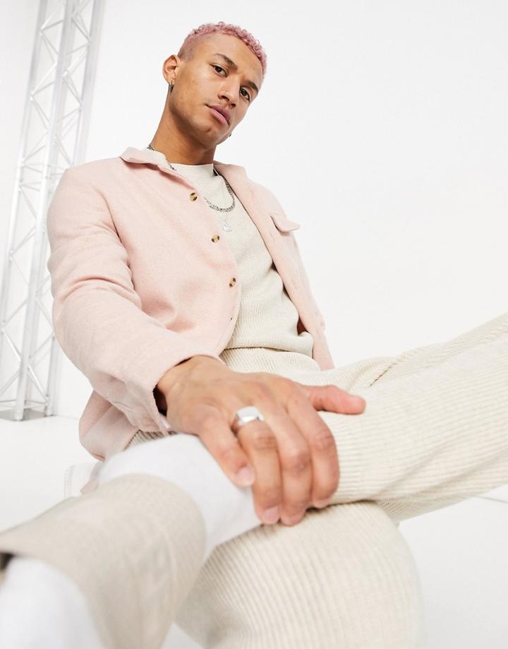 Asos Design Revere Collar Wool Mix Shirt In Pink