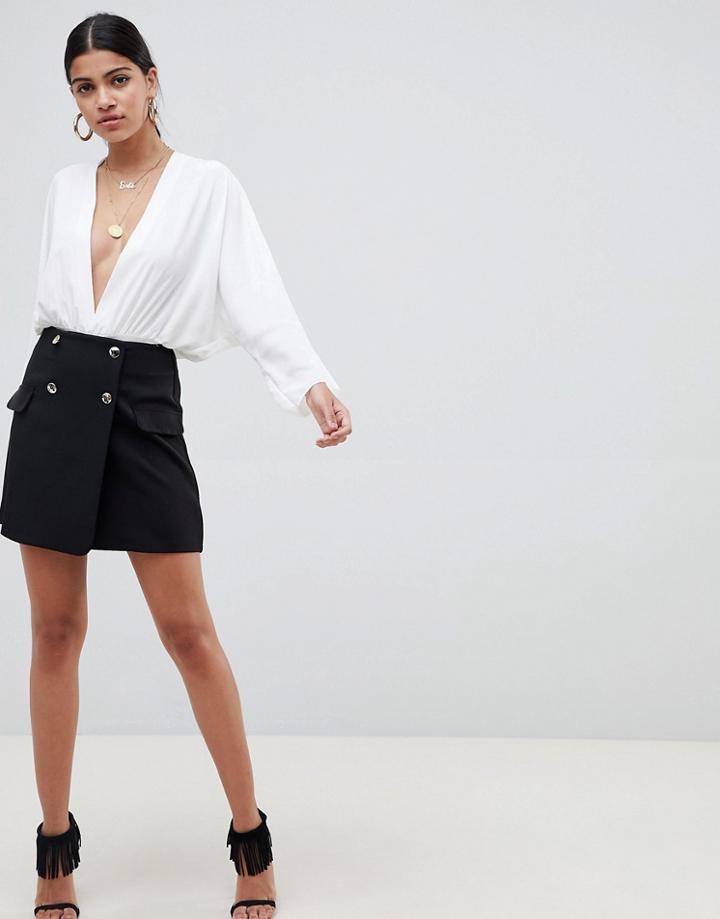 Asos Design Double Breasted Tux Mini Skirt With Satin Pockets - Black