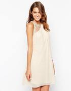 Little Mistress High Neck Prom Dress With Embellished Trim - Nude