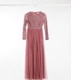 Maya Petite Delicate Sequin Long Sleeve Maxi Dress With Tulle Skirt In Rose-pink