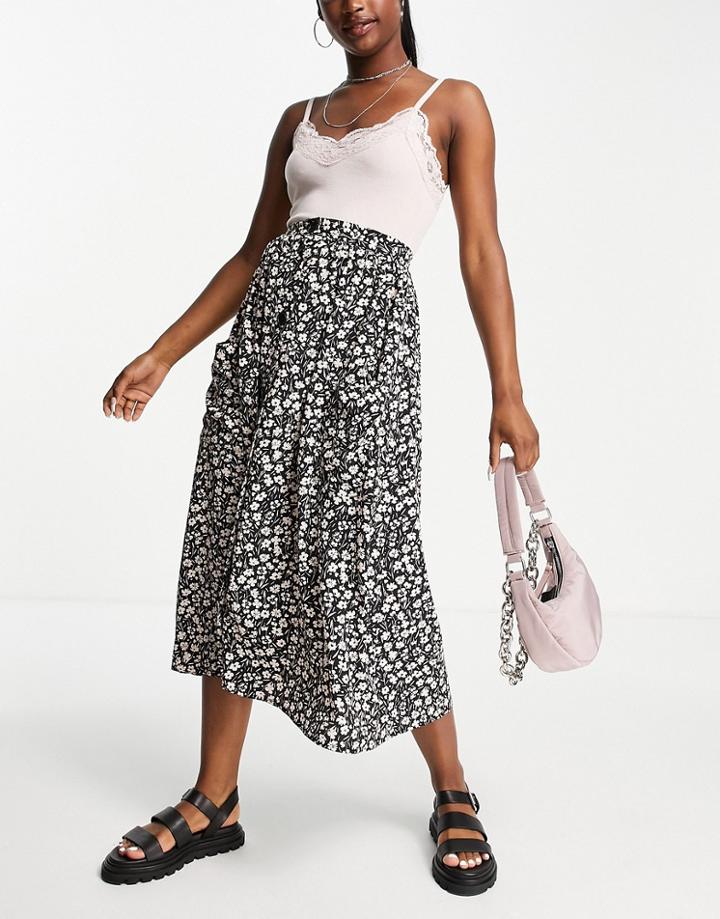 Asos Design Button Through Midi Skirt With Pocket Detail In Mono Floral Print-multi