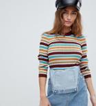 Asos Design Petite 70s Striped Ribbed Sweater In Fine Knit-multi