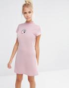 Lazy Oaf High Neck Mini Dress With Pom Face In Sparkly Glitter - Pink