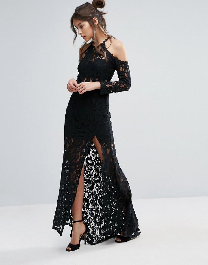 Love Triangle Long Sleeve Cold Shoulder Dress With Split Detail - Black
