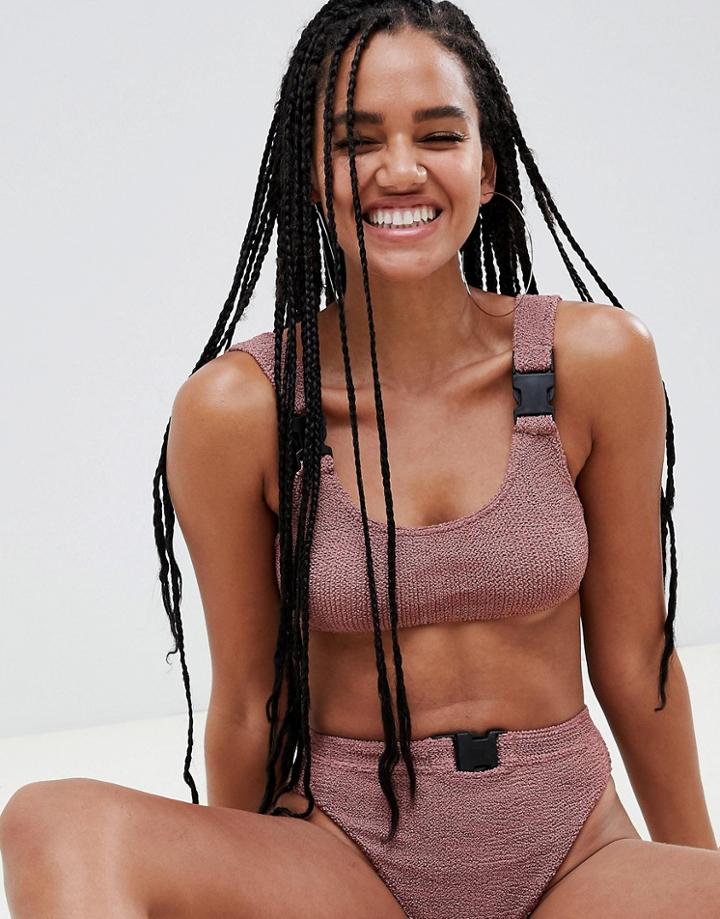 Asos Design Buckle Detail Crinkle Crop Bikini Top In Mink - Pink