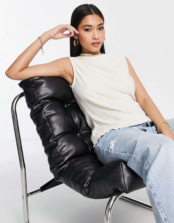 Topshop Plisse Sleeveless Cowl Neck Top In Stone-neutral