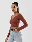 Asos Design Crop Top With Long Sleeve And Notch Detail In Brown - Brown