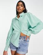 Monki Cotton Seersucker Blouse In Green And White Stripe