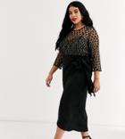 Little Mistress Plus Wrap Midi Dress With Tie Front In Black Metallic Lace