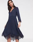 Liquorish Wrap Dress With Pleated Skirt And Lace Hem-navy