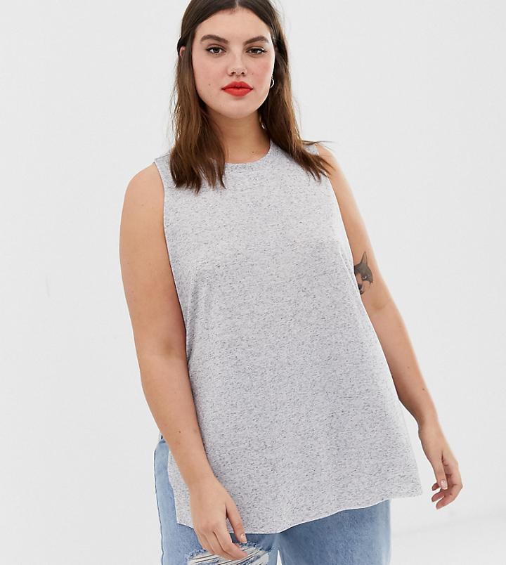 Asos Design Curve Sleeveless Top With Side Split In Linen Mix In Gray