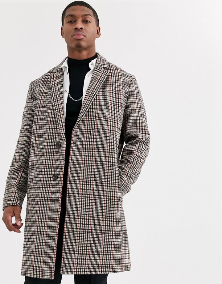 Asos Design Double Breasted Wool Mix Jacket In Orange Check