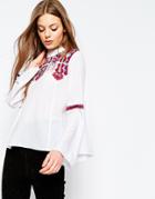 Asos High Neck Embroidered Blouse With Mesh Insert - White