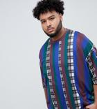Asos Design Plus Oversized Stripe Check T-shirt With Half Sleeve - Multi