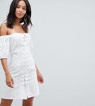Asos Design Tall Lace Up Broderie Off Shoulder Mini Sundress - White