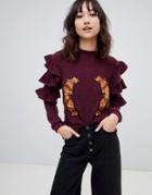 Unique 21 Embroidered Ruffle Long Sleeve Knit Top - Purple