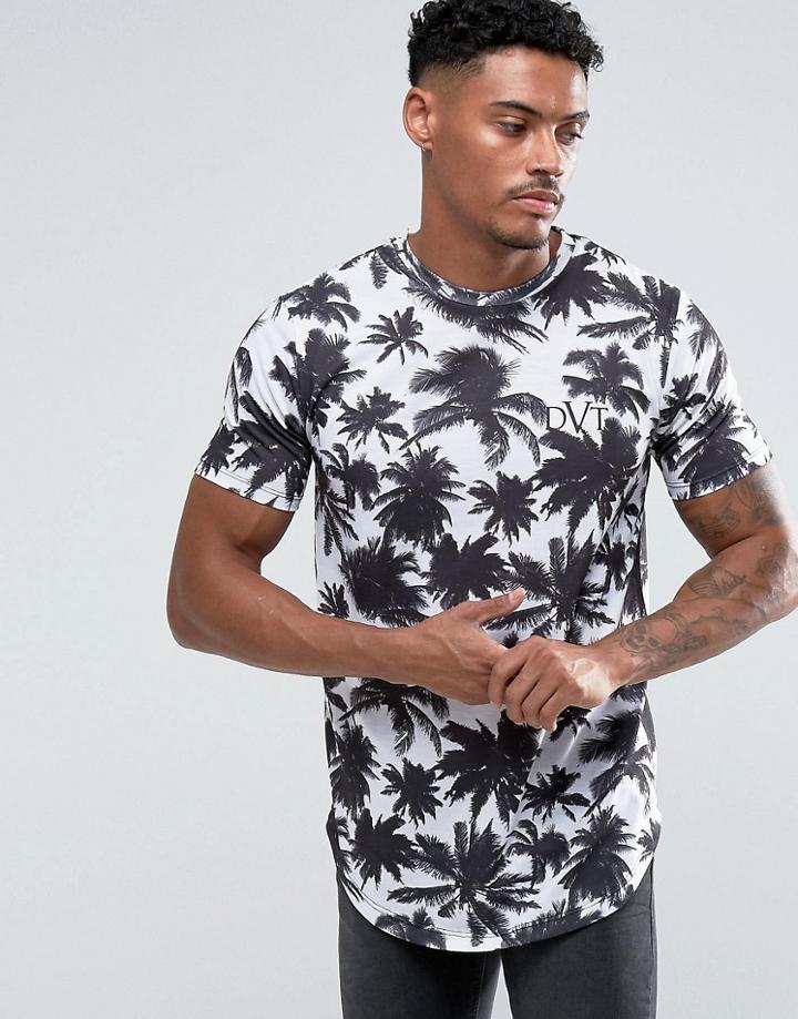 Devote Palm Print T-shirt With Cruved Hem - Black