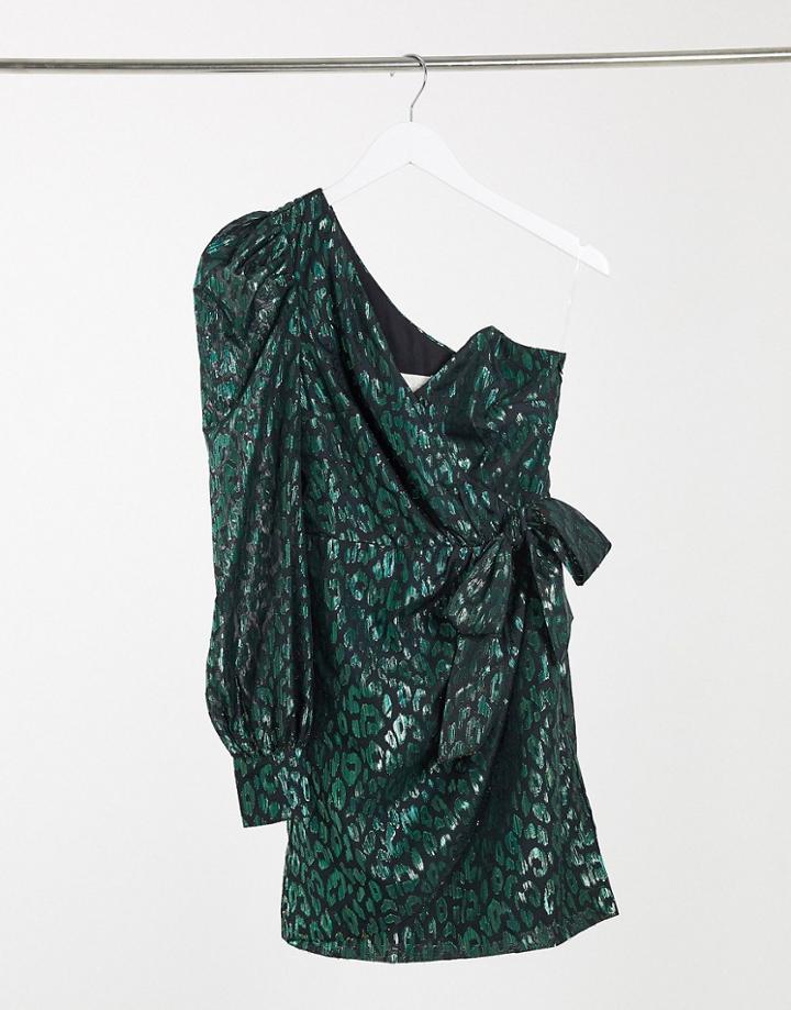 Collective The Label One Shoulder Bow Waist Organza Mini Dress In Emerald Green Leopard Organza