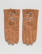 Asos Suede Gloves In Tan With Embroidery - Tan