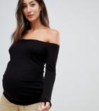 Asos Design Maternity Off Shoulder Bardot Top In Rib In Black - Black