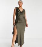 Asos Design Curve Cowl Neck Cami Beach Maxi Dress In Khaki-green