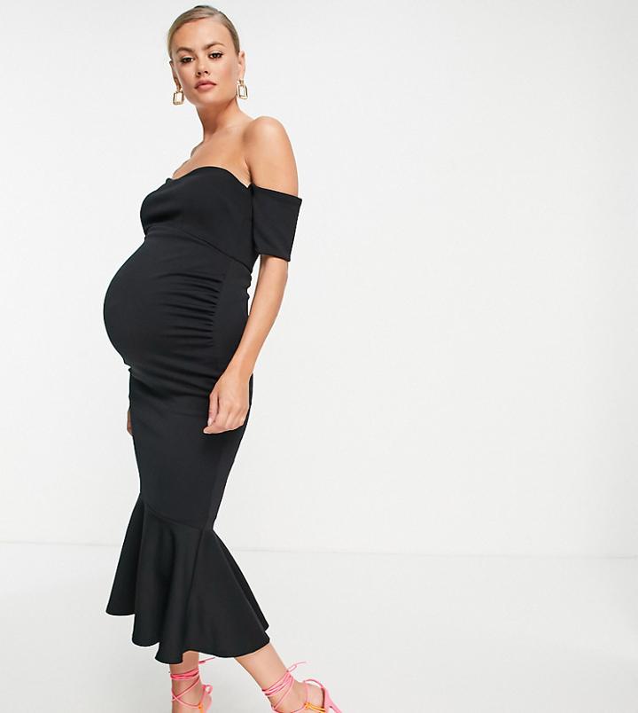 True Violet Maternity Bardot Fishtail Midi Dress In Black