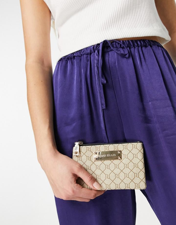 River Island Monogram Mini Zip Wallet In Beige-neutral