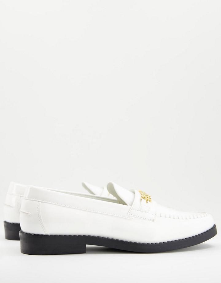 Asos Design Loafer With Gold Chain Detail In White Faux Leather