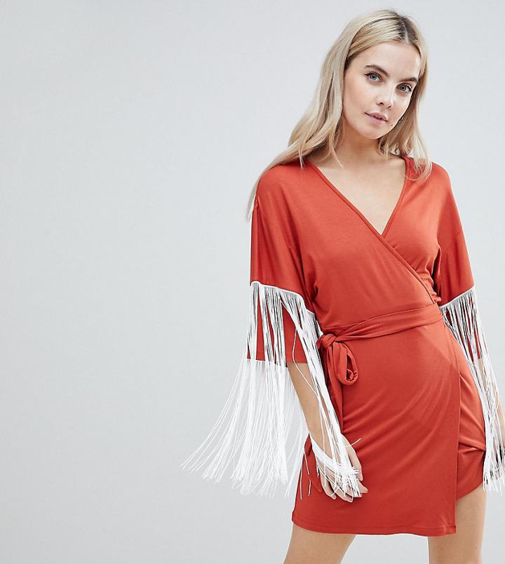 Asos Petite Kimono Mini Wrap Dress With Fringing - Red