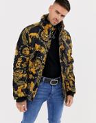 River Island Velvet Puffer Jacket In Gold Baroque Print - Black