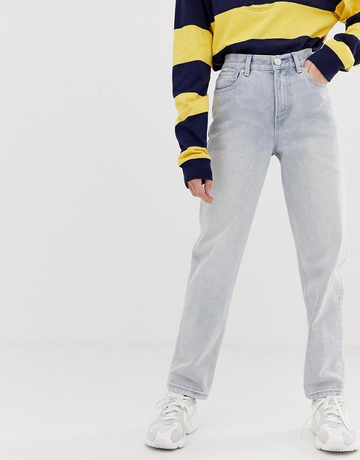 Asos Design Relaxed Leg Boyfriend Jeans In Bleached Blue Wash With Bum Rip Detail
