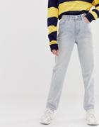 Asos Design Relaxed Leg Boyfriend Jeans In Bleached Blue Wash With Bum Rip Detail