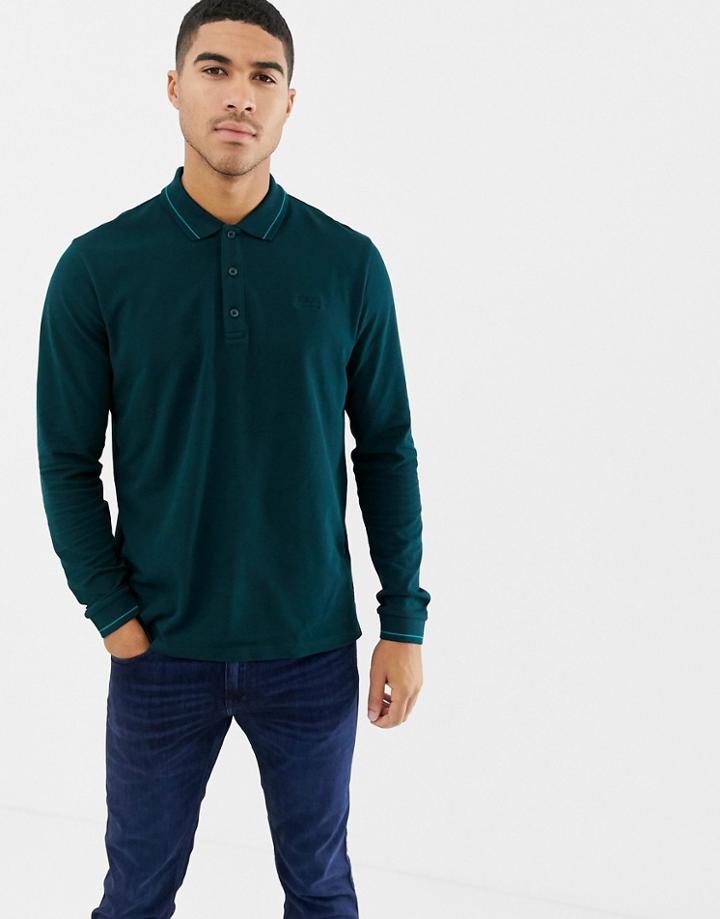 Hugo Donol Long Sleeve Tipped Pique Polo In Green - Green