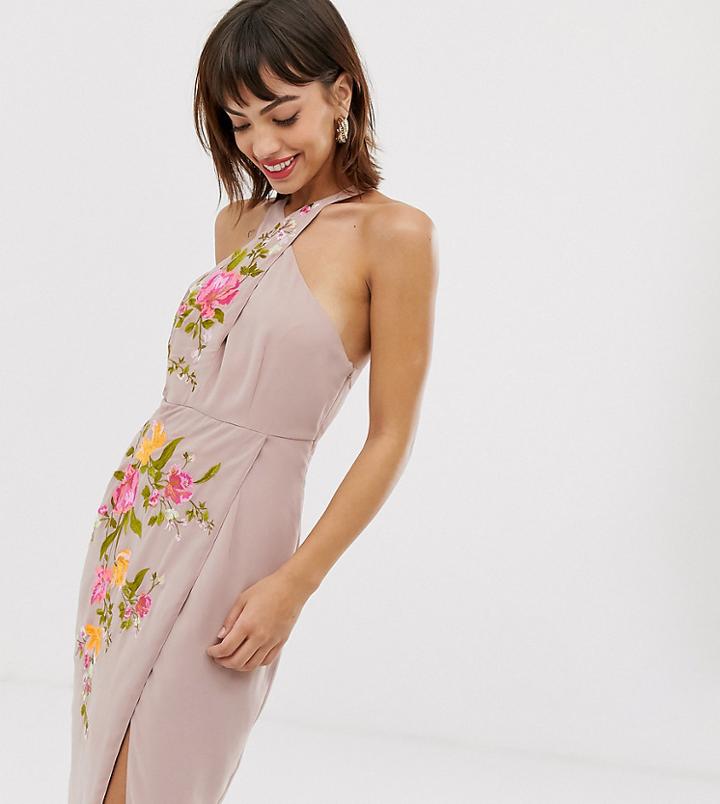 Asos Design Midi Pencil Dress With Ring Detail In Embroidery - Multi